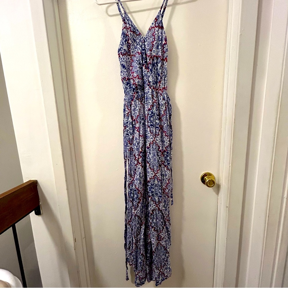 Sim and Sam Red, White, & Blue Maxi Dress Size Small, Elastic and Tie Waist